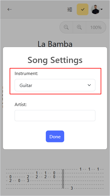 Seleccionar instrumento en el menú Configuración de Canción