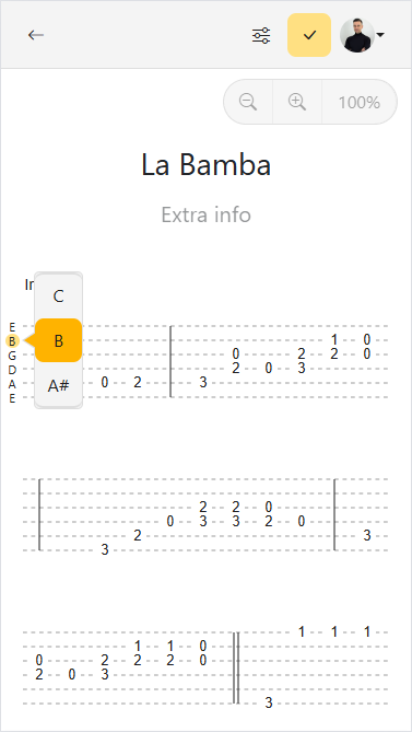 Selecciona la letra de afinación para abrir el Selector de Afinación