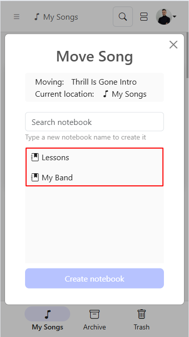 Move song to an existing notebook