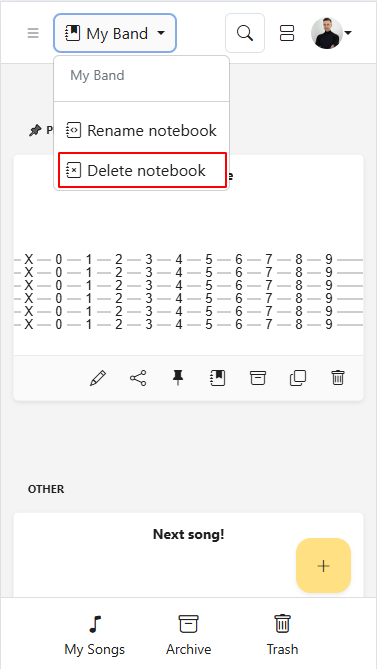 Notebook delete action