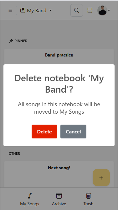 Notebook delete dialog