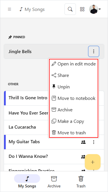 Showing songs in list mode