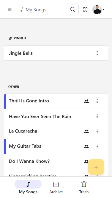 Showing songs in list mode