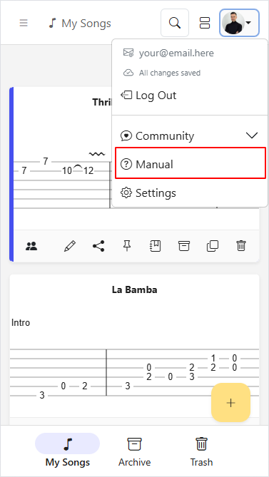 Settings link in user menu