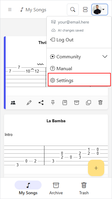 Settings link in user menu